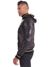 Load image into Gallery viewer, Men Black And Yellow Lambskin Leather Biker Hooded Collar Jacket
