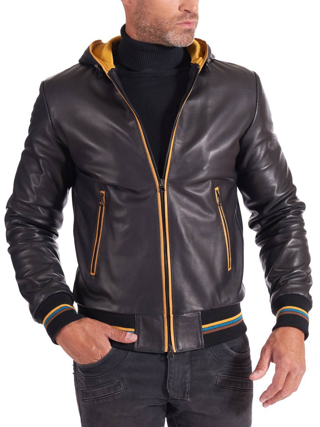 Black and Yellow Men real Leather biker hooded collar Jacket - Boneshia