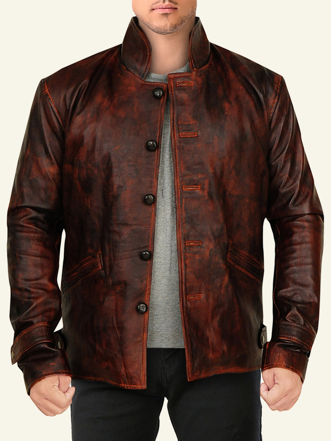 Men Dark Brown Distressed Leather Jacket