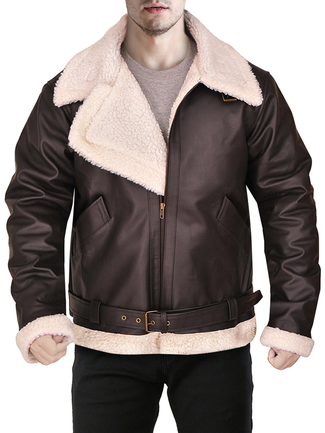 Men Faux Fur Collar Brown Leather Jacket - Boneshia.com