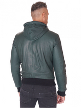 Load image into Gallery viewer, Men Green Lambskin Leather Biker Hooded Collar Jacket
