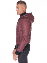 Load image into Gallery viewer, Men Maroon And Black Lambskin Leather Biker Hooded Collar Jacket
