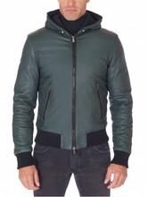 Load image into Gallery viewer, Men Green Lambskin Leather Biker Hooded Collar Jacket
