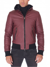 Load image into Gallery viewer, Men Maroon And Black Lambskin Leather Biker Hooded Collar Jacket
