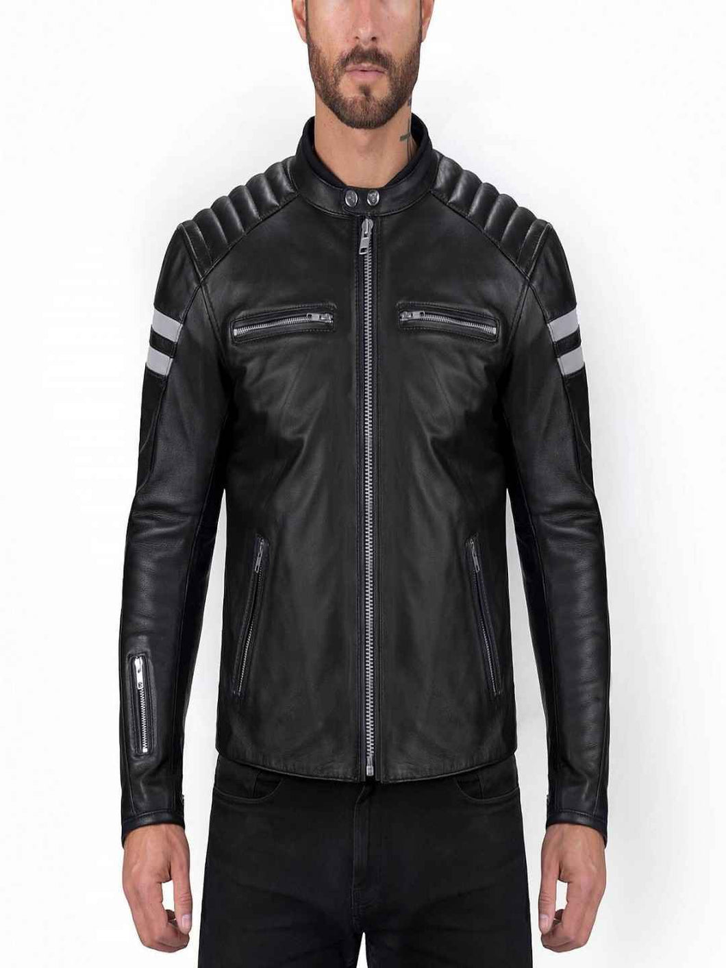 Men White Strips Biker Leather Jacket