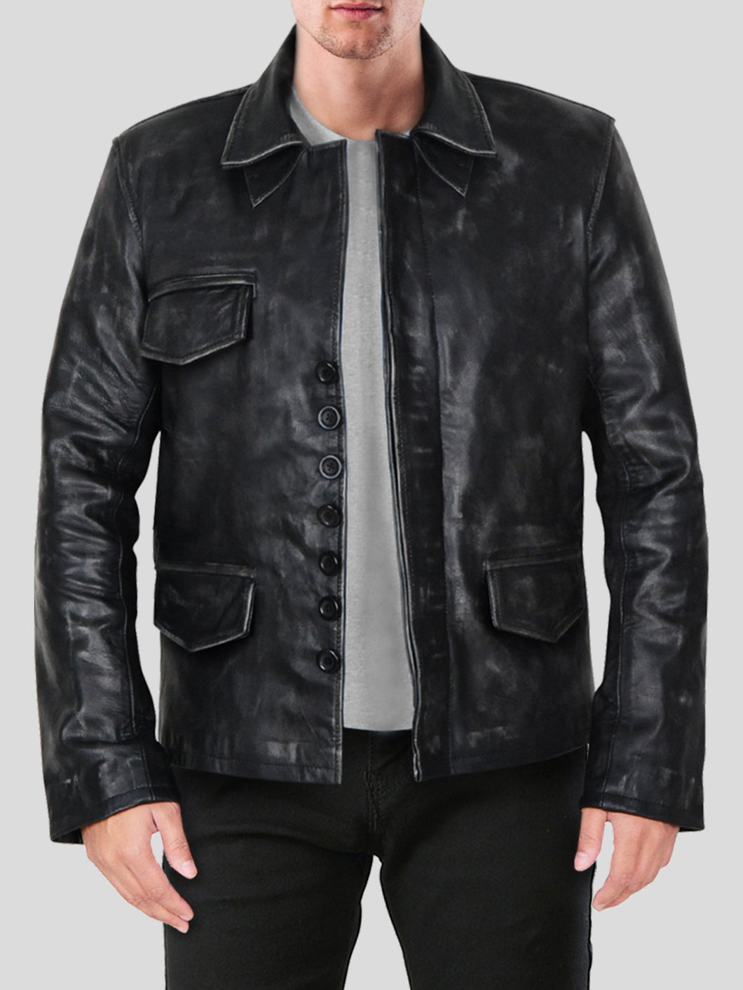 Men's Black Distressed Leather Jacket - Boneshia.com