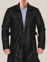 Load image into Gallery viewer, Men&#39;s Jazzy Belted Black Leather Trench Coat

