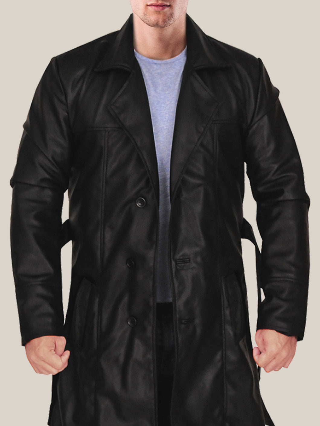 Men's Jazzy Belted Black Leather Trench Coat