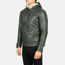 Load image into Gallery viewer, Mens Baston Green Hooded Leather Bomber Jacket
