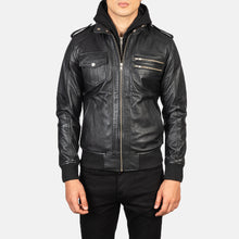 Load image into Gallery viewer, Men Black Hooded Leather Bomber Jacket
