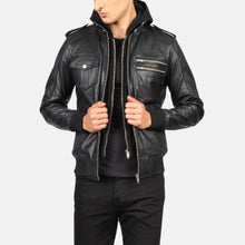 Load image into Gallery viewer, Men Black Hooded Leather Bomber Jacket

