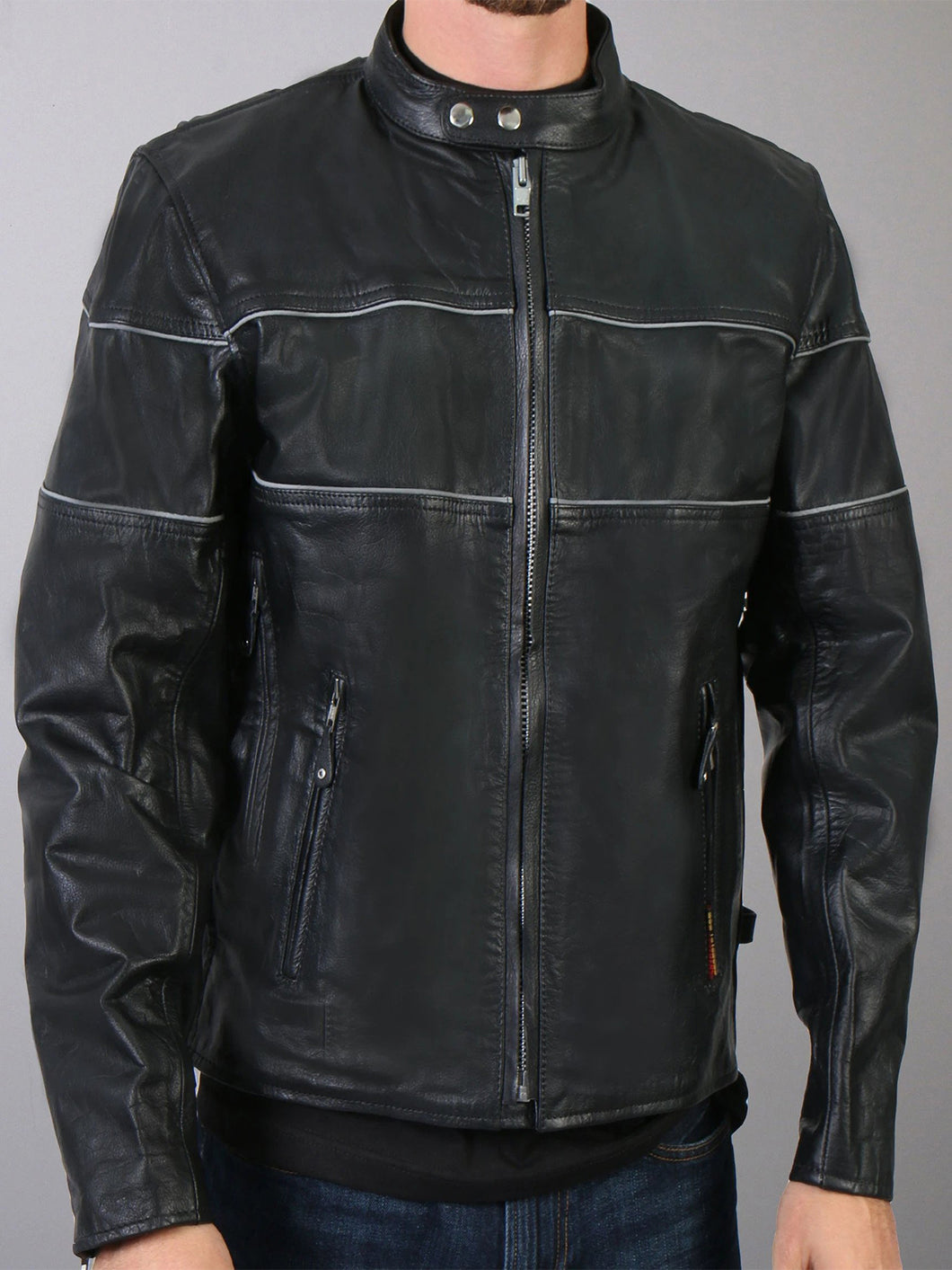 Mens Biker Snap Collar Black Real Leather Jacket