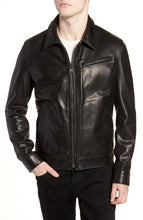 Load image into Gallery viewer, Mens Blace Stand Collar Real Leather Biker Jacket
