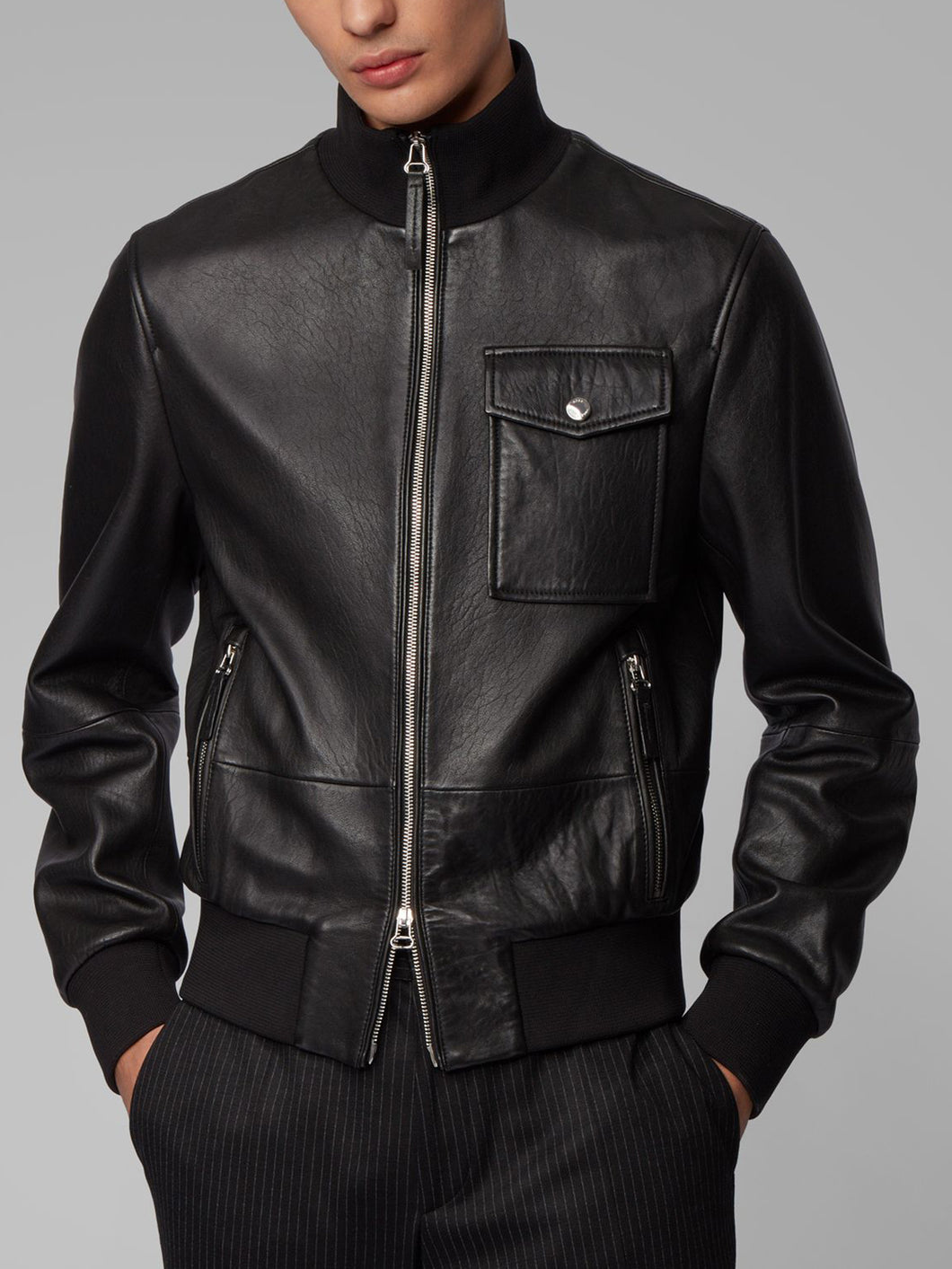Real Lambskin Black Leather Jacket - Snap Collar Cafe Racer Style