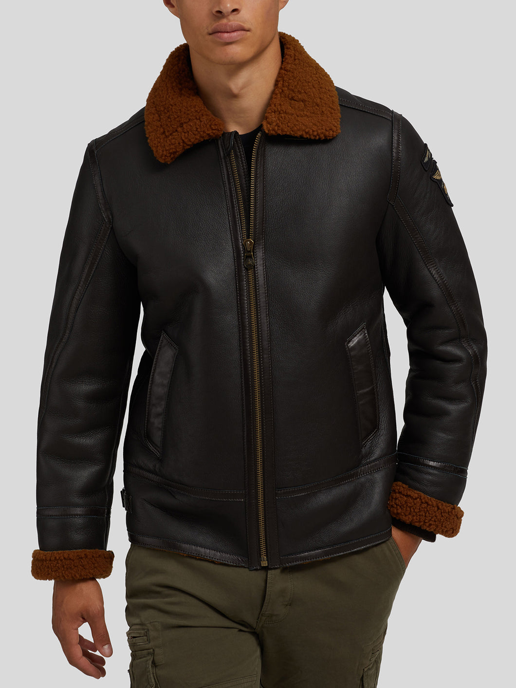 Mens Black Furs Folding Collar Biker Leather Jacket