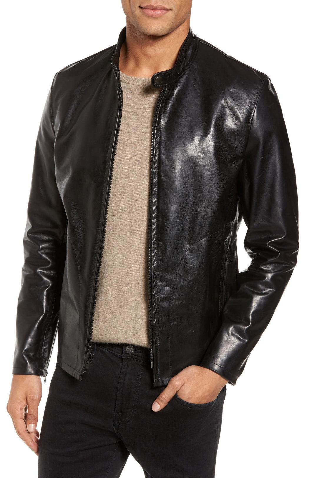 Men's Black Real Leather Cafe Racer Jacket