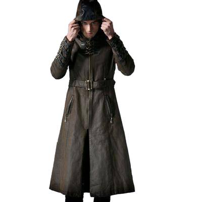 Men's Brown Hooded Real Leather Long Coat