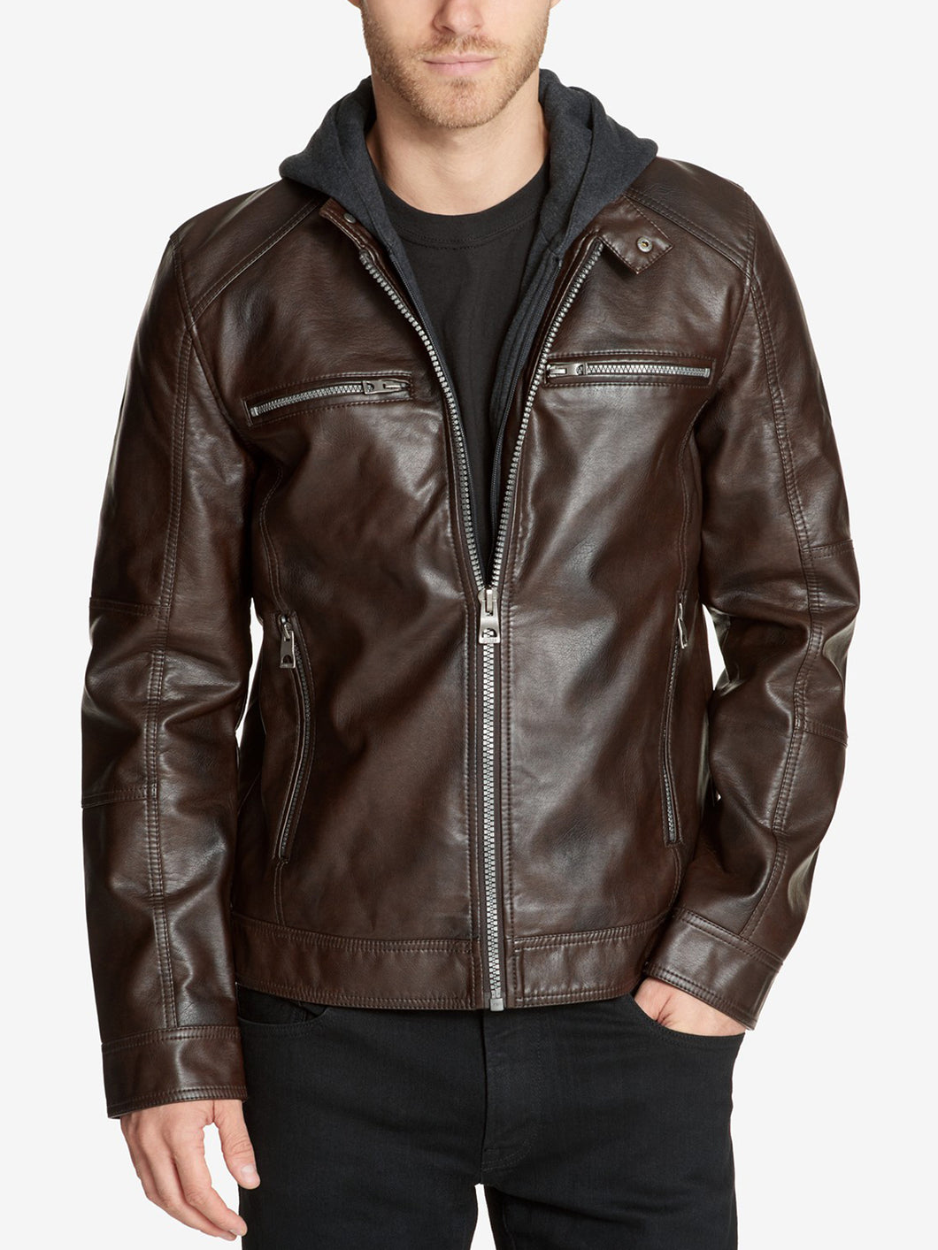 Men's Faux-Leather Detachable-Hood Biker Racer Jacket