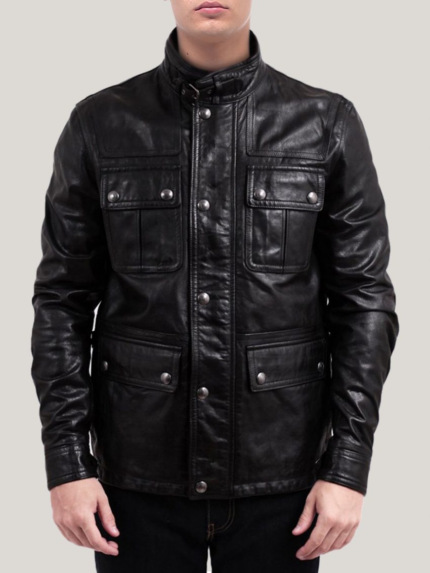 Men's Fussy Jet-Black Real Leather Trucker Jacket