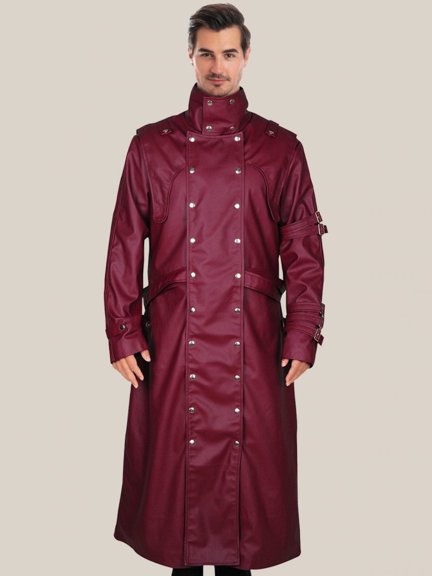 Men's Glossy Maroon Faux Leather Trench Coat