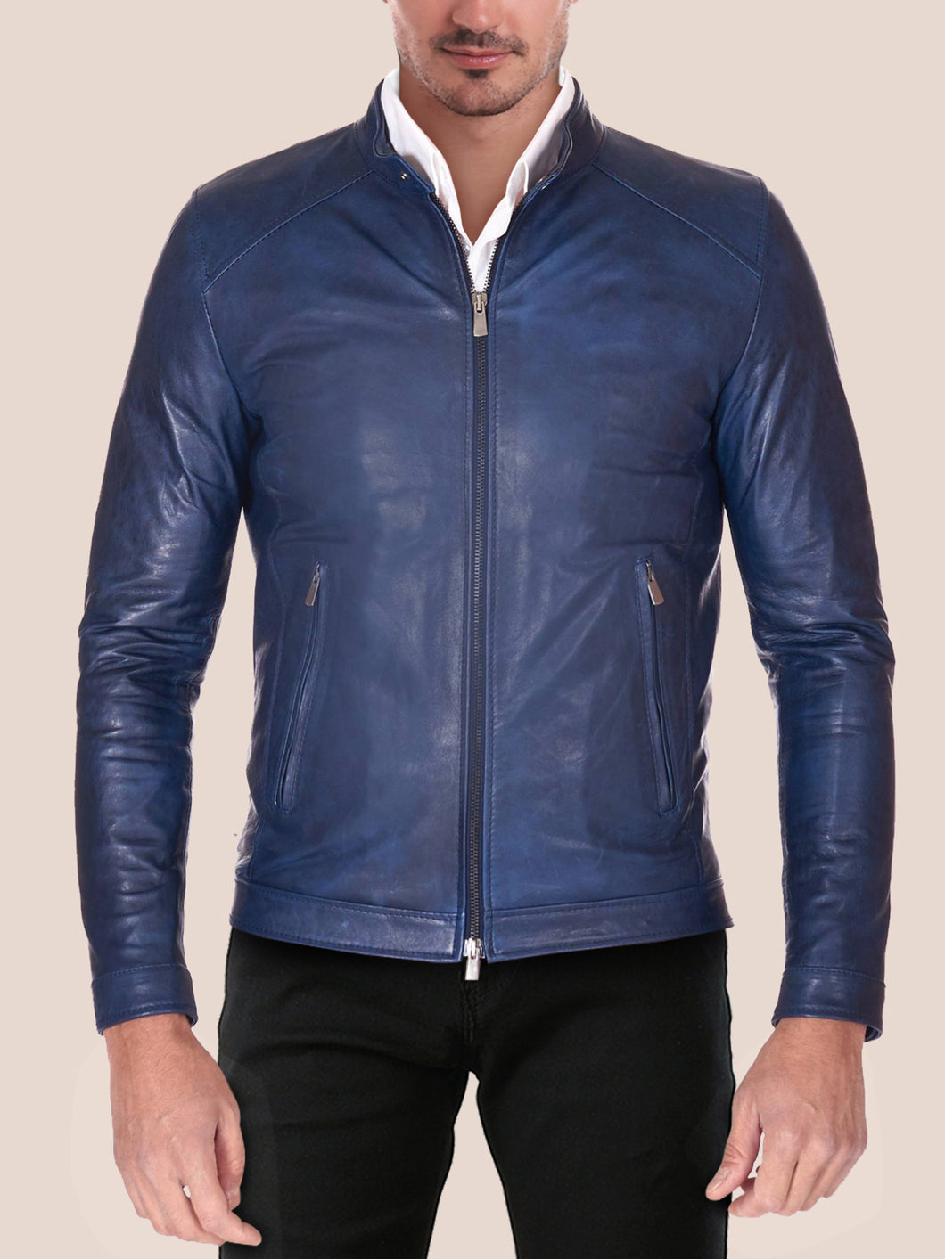 Mens Navy Leather Jacket Brand New