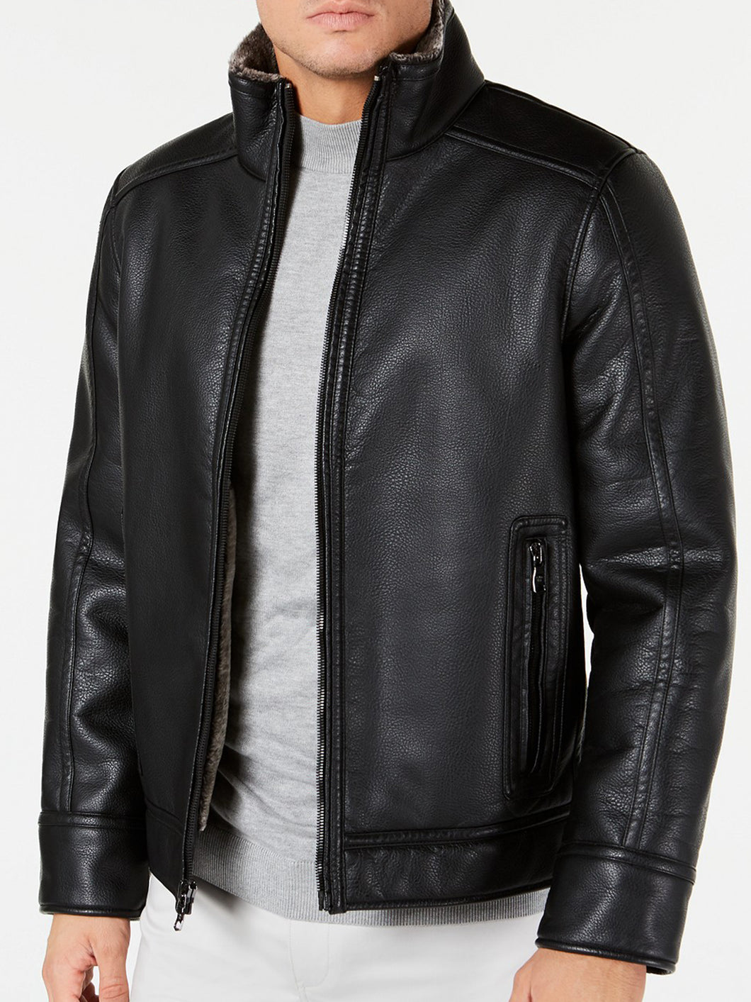 Men's Pebble Faux Leather Jacket With Faux Shearling Lining