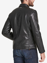 Load image into Gallery viewer, Mens Plain Black Snap Collar Biker Racer Jacket
