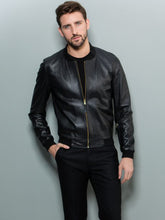 Load image into Gallery viewer, Mens Shiny Black Leather Bomber Jacket
