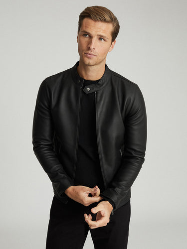 Mens Slim Fit Black Leather Jacket With Snap Button Collar