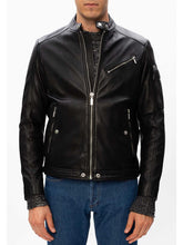 Load image into Gallery viewer, Mens Black Leather Vintage Snap Collar Jacket
