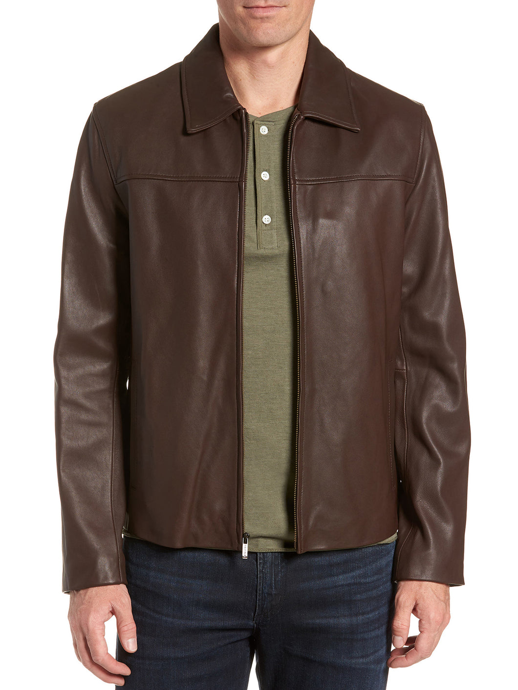Mens Stand Collar Brown Leather Jacket