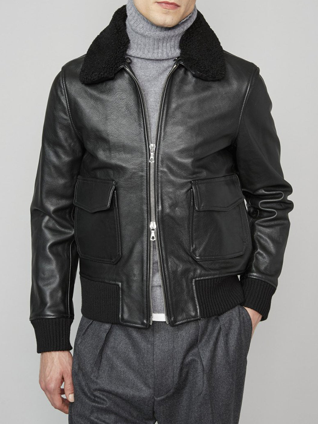 Mens Stylish Bomber Black Fur Leather Jacket