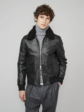 Load image into Gallery viewer, Mens Stylish Bomber Black Fur Leather Jacket
