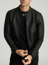 Load image into Gallery viewer, Mens Slim Fit Black Leather Jacket With Snap Button Collar
