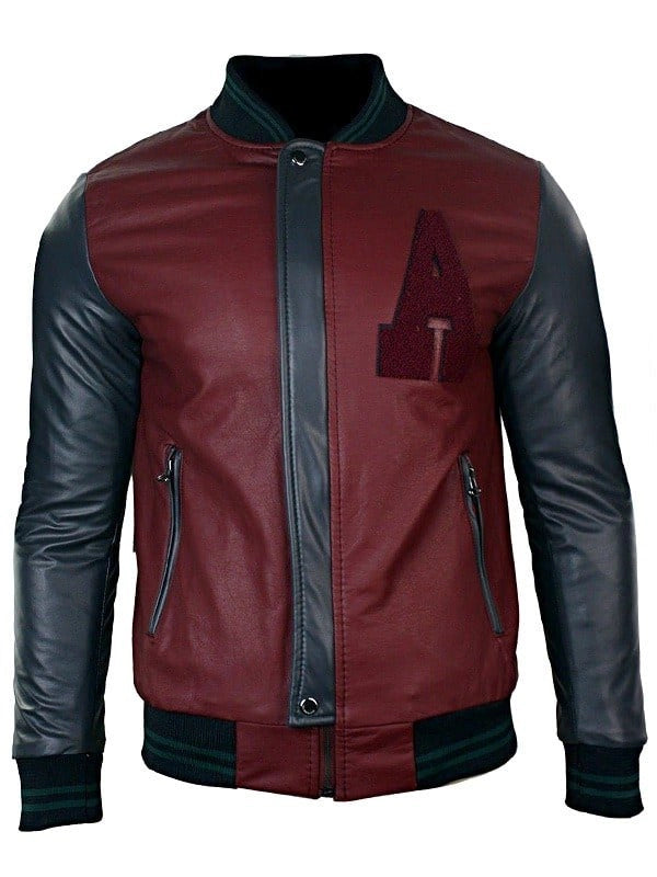 Men's Dark maroon baseball synthetic leather jacket