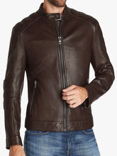 Load image into Gallery viewer, Mens Dark Brown Biker Leather Jacket

