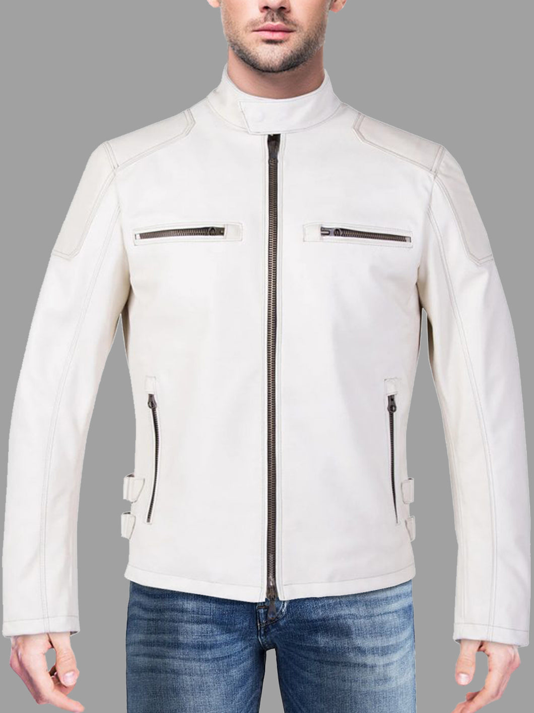 Men's White Biker Leather Jacket - Boneshia