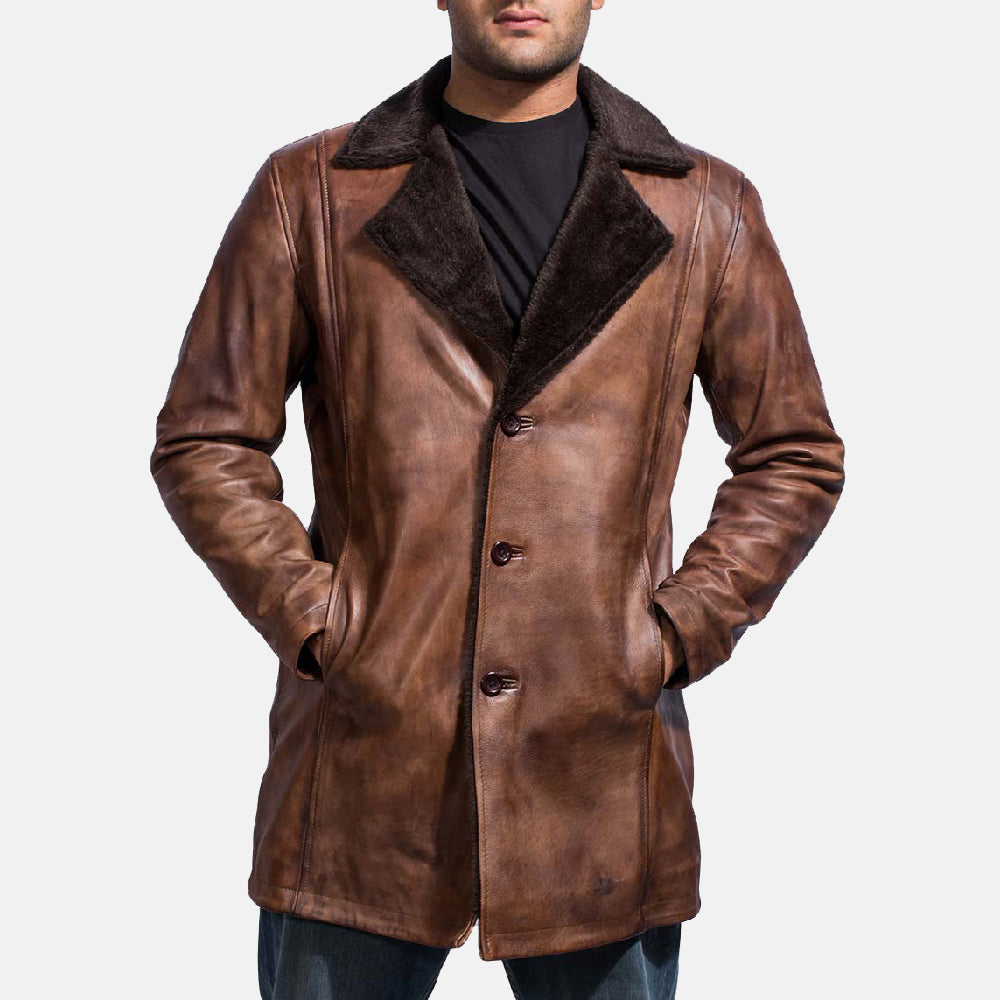 Mens Brown Distressed Leather Fur Coat