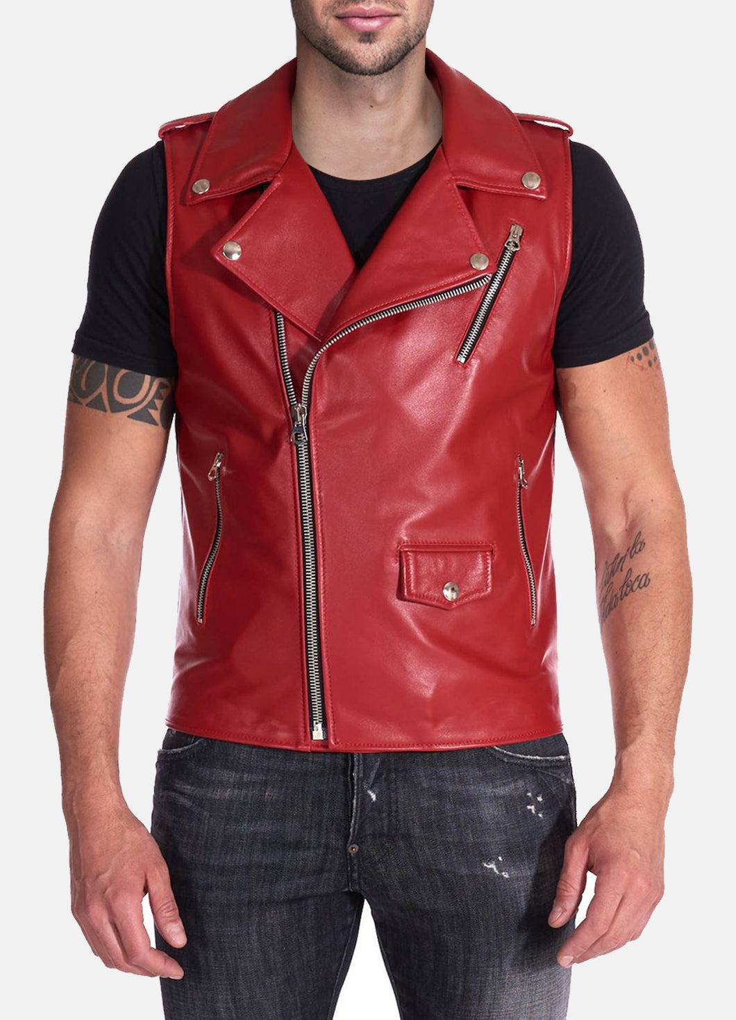 Mens Soft Red Biker Leather Vest