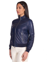 Load image into Gallery viewer, Women Navy Blue Leather Bomber Jacket
