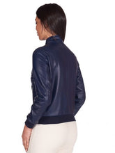 Load image into Gallery viewer, Women Navy Blue Leather Bomber Jacket
