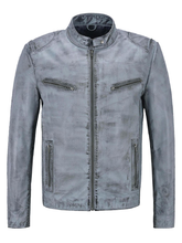 Load image into Gallery viewer, Men&#39;s Distressed Light Blue Biker Leather Jacket
