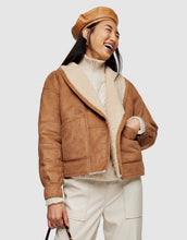 Load image into Gallery viewer, Womens Faux Shearling Nutty Brown Biker Leather Jacket
