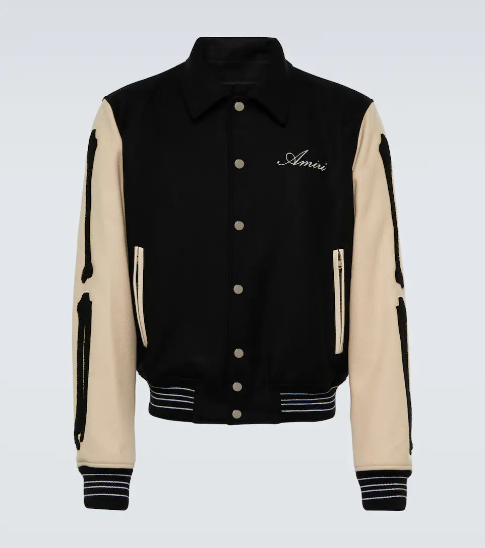 Mens Black and Beige Bone Design Varsity Jacket