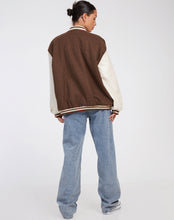 Load image into Gallery viewer, Women&#39;s Brown and White Oversized Varsity Jacket
