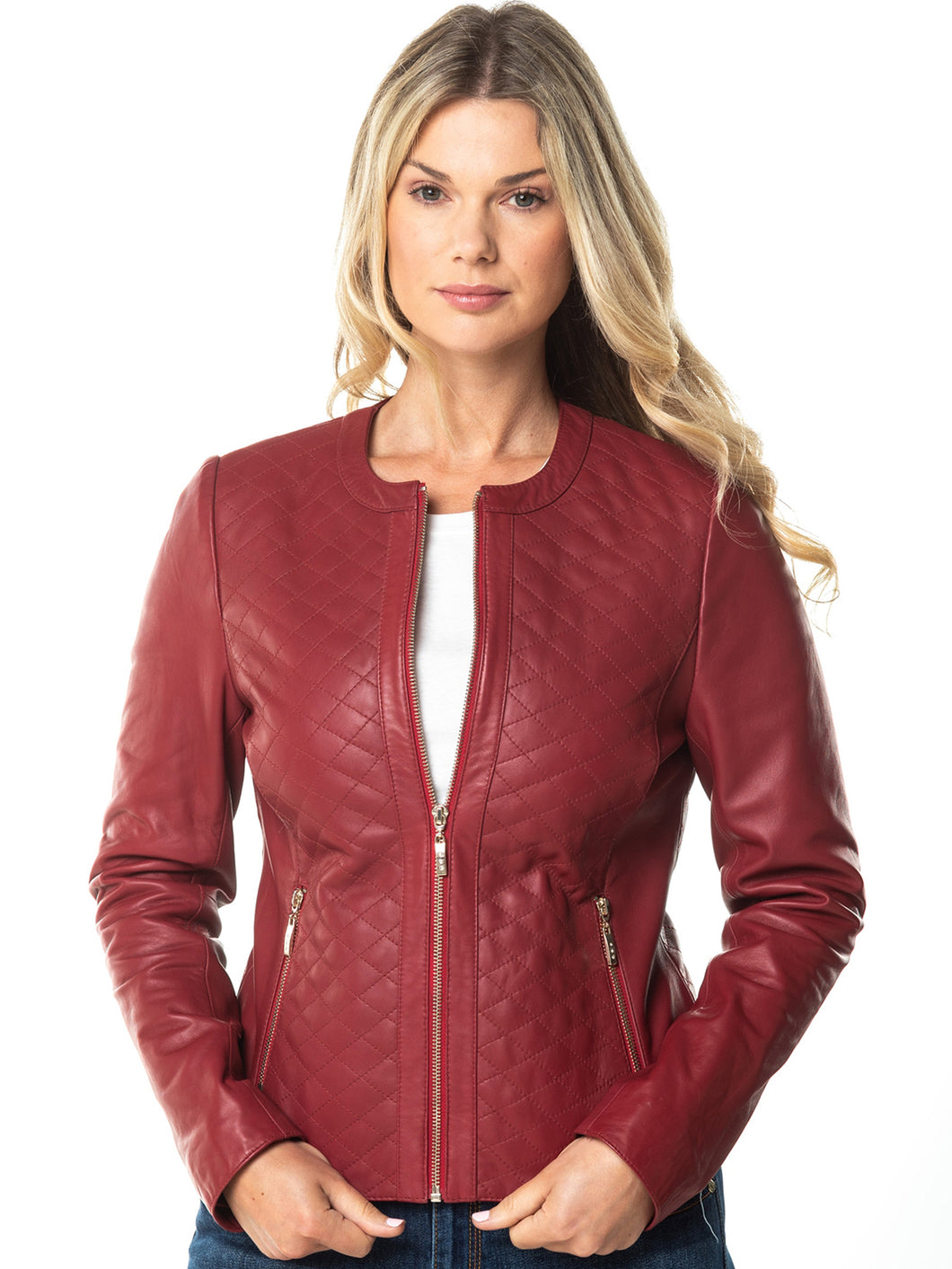 Womens Red Collarless Quilted Leather Jacket