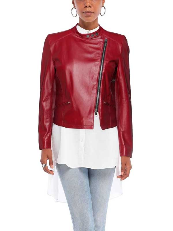 Women's Red Slim-fit Leather Cafe Racer Jacket
