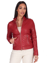 Load image into Gallery viewer, Women Red Leather Motor Cycle Jacket
