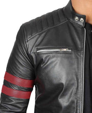 Load image into Gallery viewer, Mens Black Quilted Red Stripe Cafe Racer Leather Motorcycle Jacket
