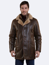 Load image into Gallery viewer, Mens brown Button Closer Shearling Leather Coat
